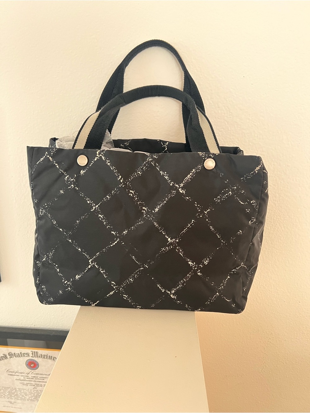 CHANEL Black Tote with White Quilted Diamond Print